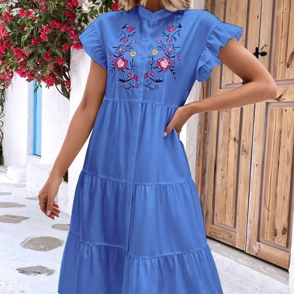 Blue Boho Womens Floral Embroidery Ruffle Hem Smock Dress - Picture 4 of 5